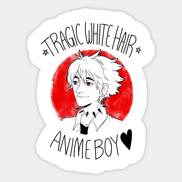 Tragic White Hair Anime Boy - Black Font Sticker by riadoodles